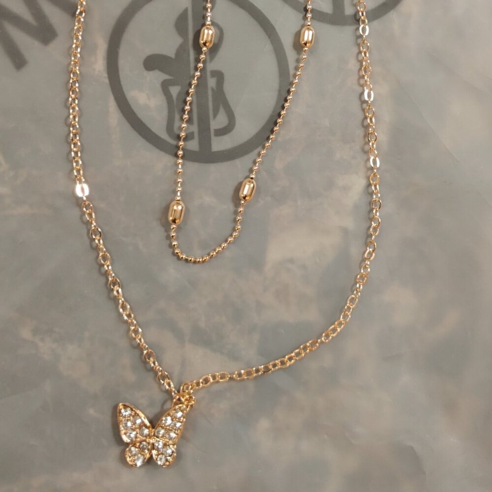 Gold Plated Double Chain Butterfly Necklace. New